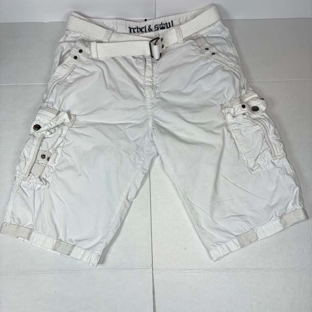 Rebel & Soul Vintage Men Y2K White Cargo Shorts with Belt Size 34
